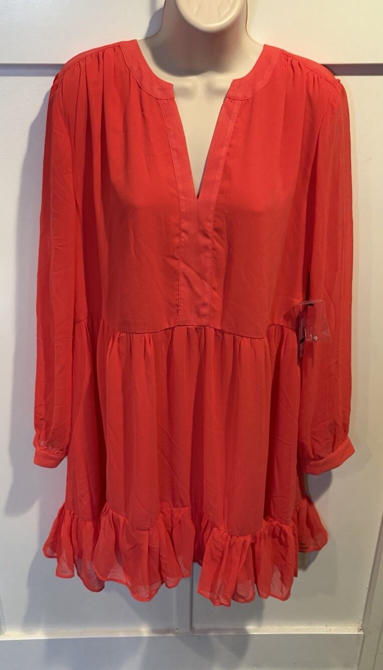 NWT Vince Camuto Red A-Line Dress V-Neck Long Sleeve Chiffon Ruffle Size L